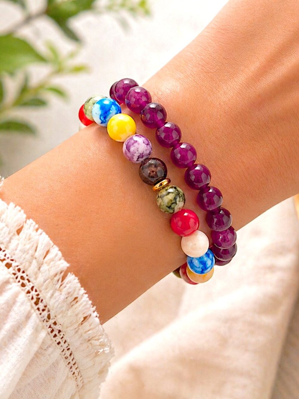 Colorful Glass Beaded Bracelet Set Dark Pink Stretch Stackable Jewelry Boho Gift